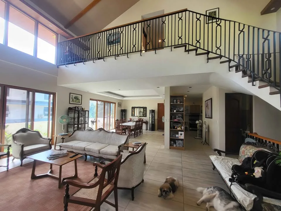 Double-height living room with mezzanine and tall windows